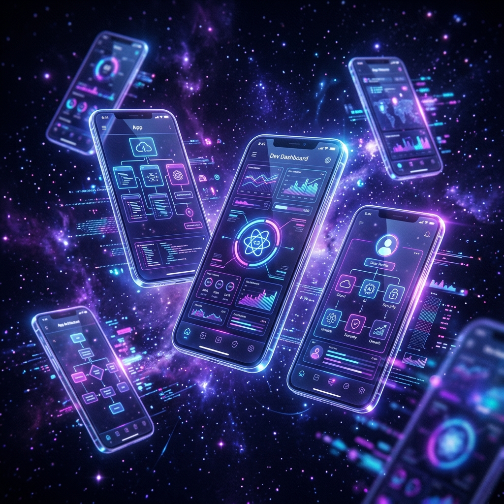 Futuristic smartphone screens floating in space with holographic UI